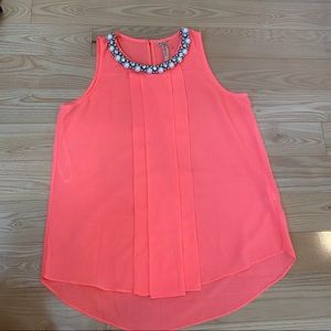 Neon blouse with pearl and bead neckline